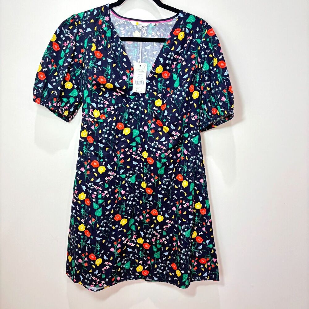 Boden NWT Navy Blue Floral Mini Dress 12 Cotton Puff Sleeves Spring Mod Garden